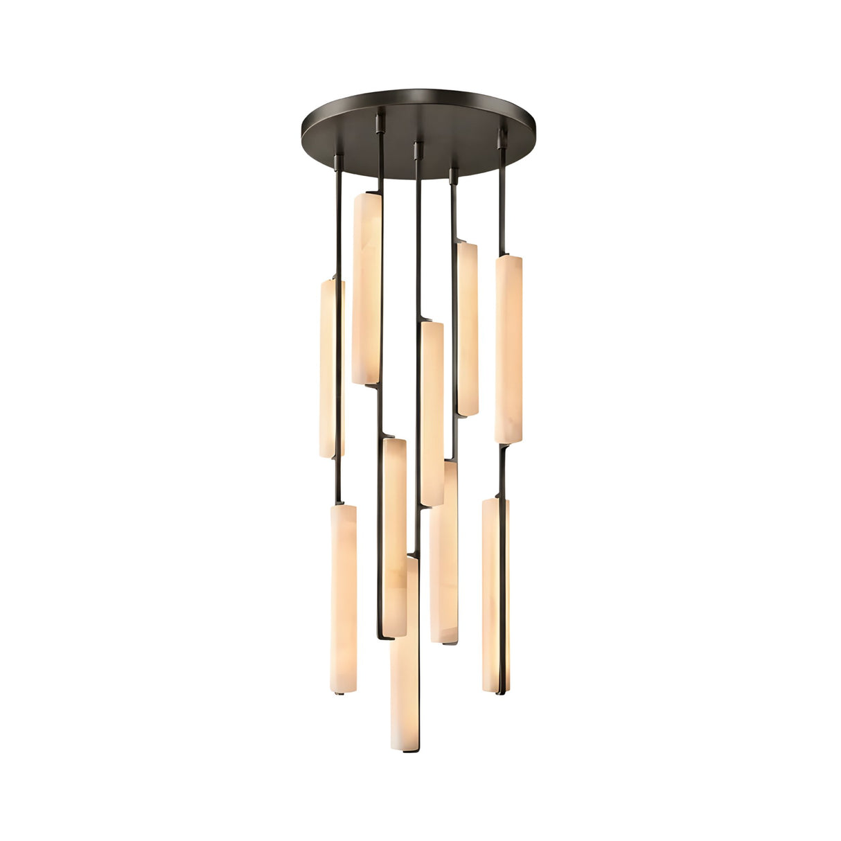 Niori Selvara 10-light cluster chandelier with staggered natural alabaster bars suspended from a round matt black canopy, on a white background.