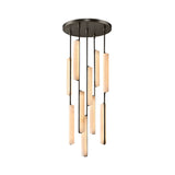 Niori Selvara 10-light cluster chandelier with staggered natural alabaster bars suspended from a round matt black canopy, on a white background.