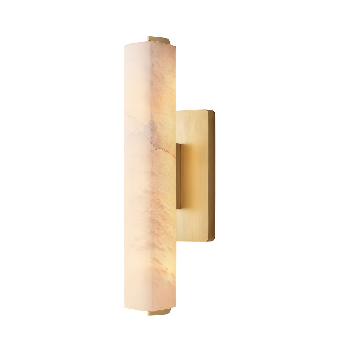 The Selvara LED Small Alabaster Wall Light features a vertical cylindrical alabaster shade and a brushed brass base, shown here in soft white against a white background.