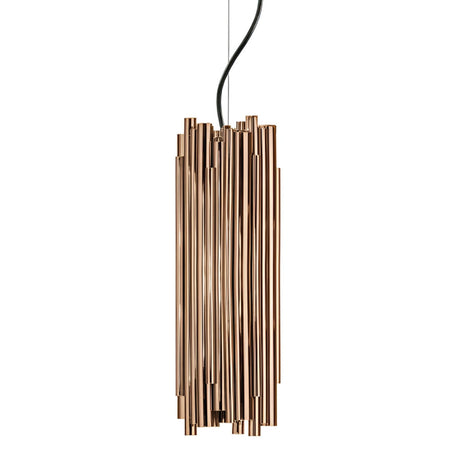 The Aurelio 6 Light Brass Pendant - Gold showcases a modern minimalist design with multiple slender brass tubes hanging vertically from a black cord against a white background.