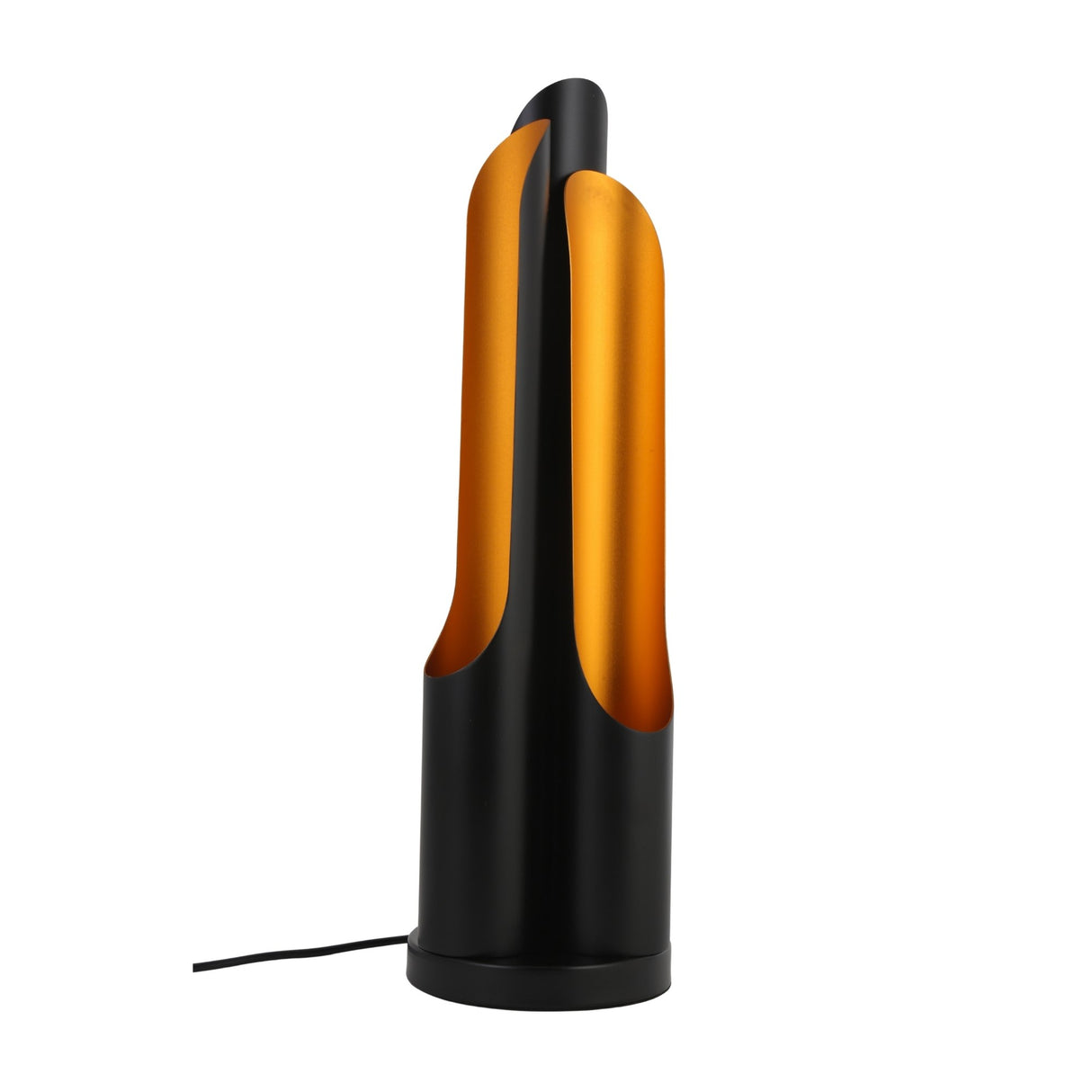 The Stealth Table Lamp in brass and black features an abstract, sculptural design with two curved vertical shapes, partially open to emit warm light. A cord extends from the base for easy use.