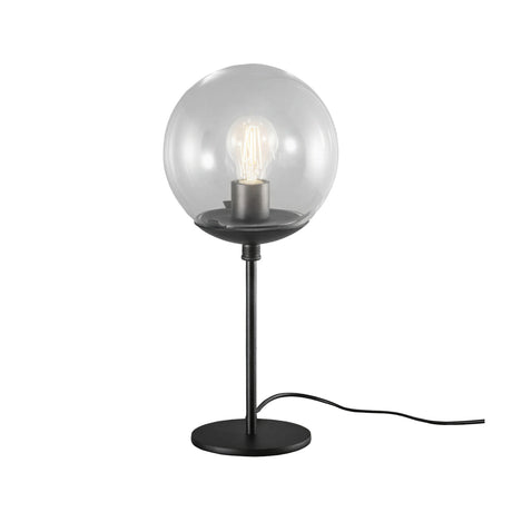 Global Globe Table Lamp – 20cm clear glass globe shade on a slender black metal stem and round base, with a lit E27 filament bulb, on a plain white background.