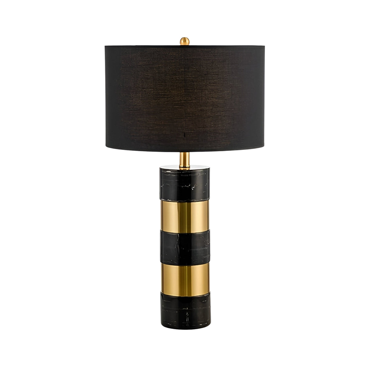 The Arvella 1 Light Striped Marble Table Lamp in black and gold features a cylindrical base with alternating marble and gold bands, finished with a large round black lampshade for a modern look.
