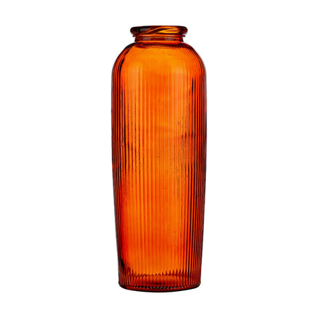 Orange Recycled Glass Ribbed Vase, 26cm, tall cylindrical shape with narrow neck and ribbed texture, on a plain white background.