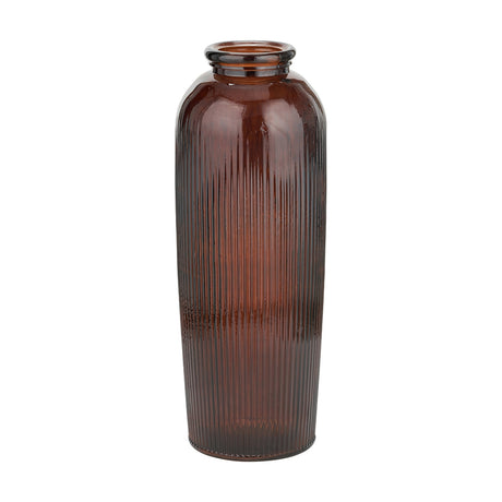Pecan Brown Recycled Glass Ribbed Vase, tall cylindrical floor vase with ribbed texture and flared neck, on a plain white background.