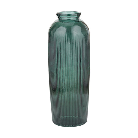 Sea Green Recycled Glass Ribbed Vase, 26cm, tall cylindrical bottle shape with ribbed texture and narrow neck, shown on a plain white background.
