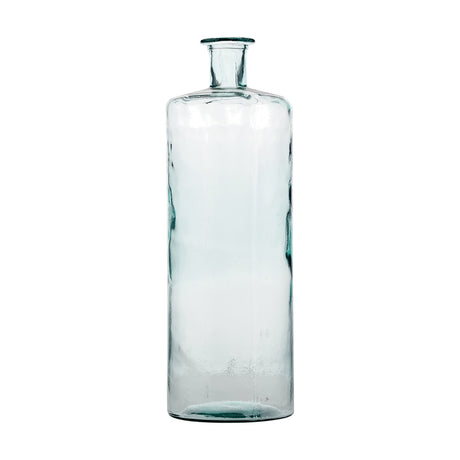 Clear recycled glass tall bottle vase, 75cm floor piece with cylindrical body and narrow neck, shown against a plain white background.