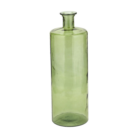 Forest Green Recycled Glass Bottle Vase, 75cm tall floor vase with narrow neck and cylindrical body, shown on a plain white background.