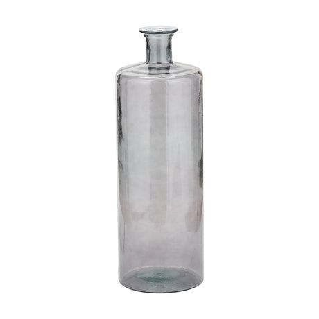 Tall grey recycled glass bottle vase, 75cm, with cylindrical body, narrow neck and rounded rim, shown on a plain white background.