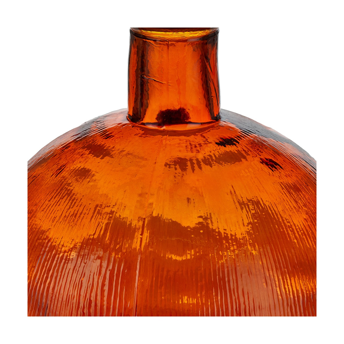 Close-up of the Orange Recycled Glass Vase, 34cm, showing its short cylindrical neck and rounded body in ribbed orange glass against a plain white background.