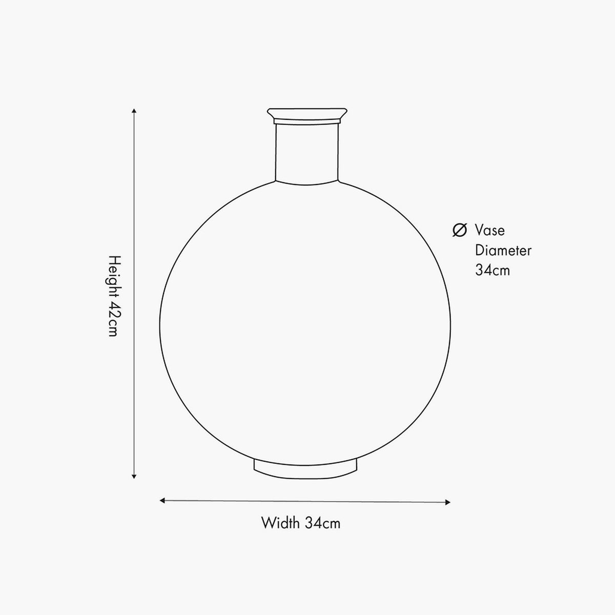 Line drawing of the Orange Recycled Glass Vase, 34cm, showing a round glass body with short neck and labelled height 42cm, width and diameter 34cm.