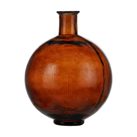 Pecan Brown Recycled Glass Vase, 34cm, a round glass vase with narrow neck and ribbed texture in warm amber-brown, shown on a plain white background.