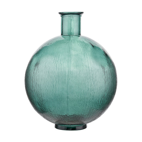 Sea Green Recycled Glass Vase, 34cm, with a round ribbed body and narrow neck, shown on a plain white background.