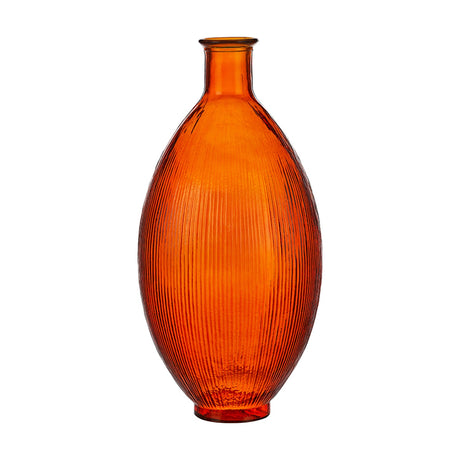 Orange Tall Recycled Ribbed Glass Vase, 29cm, with a narrow neck and oval ribbed body in translucent orange glass, shown against a plain white background.