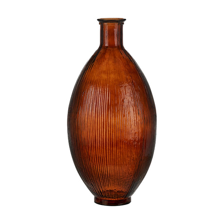 Pecan Brown Tall Recycled Ribbed Glass Vase, 29cm, an oval floor vase with narrow neck and vertical ribbed texture in amber-brown glass, shown against a plain white background.