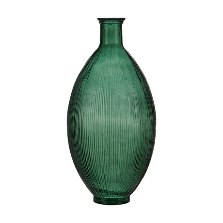 Sea Green Tall Recycled Ribbed Glass Vase, 29cm, tall oval body with vertical ribbed texture and narrow neck, on a plain white background.