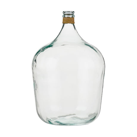 Clear recycled glass large bottle vase, 56cm, with rounded body and raffia-wrapped neck, shown on a plain white background.