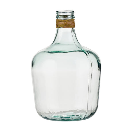 Clear recycled glass bottle vase, 42cm, with a rounded body, narrow neck wrapped in raffia twine, shown on a plain white background.