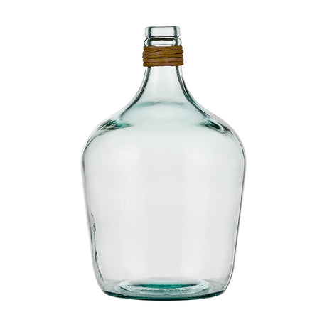 Clear recycled glass small bottle vase, 30cm, with a rounded body, narrow neck, and raffia-wrapped collar, shown on a plain white background.
