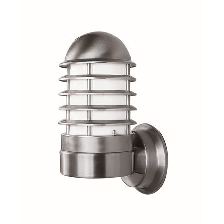 Tambour Steel Louvred Outdoor Wall Lantern in stainless steel, domed top with horizontal louvres over an opal polycarbonate diffuser, mounted on a cast wall bracket, shown on a plain white background.