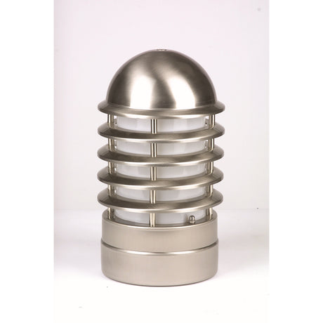 Tambour Steel Louvred Outdoor Bollard Light, 30cm stainless steel cylinder with horizontal louvres, domed top, and opal diffuser, shown on a plain white background.