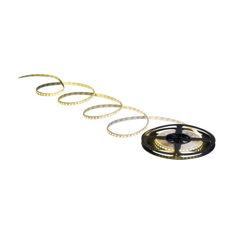 LED strip light, 8mm wide white tape with warm white diodes lit, partly coiled and partly wound on a black reel, shown on a plain white background.