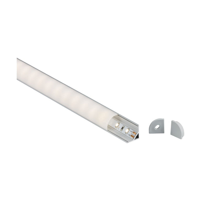 The Aluminium LED Profile 2m - Surface Mount Corner is displayed. It features a slim LED light strip with an aluminium profile and semi-transparent cover, positioned diagonally. To the right, it has two small, curved gray end caps. The strip provides diffused light output, ideal for under-cabinet or accent lighting.