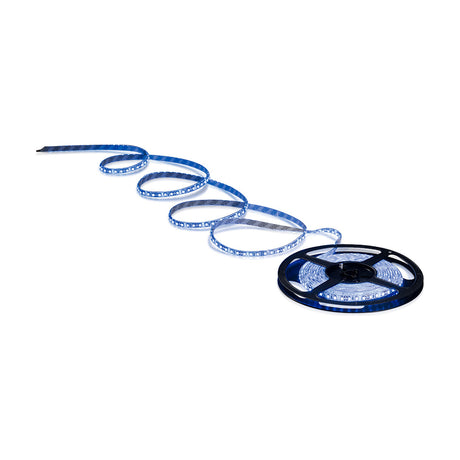 7.2W IP54 LED strip light on a black reel, 5m of blue-lit flexible strip partly unwound in loops against a white background.