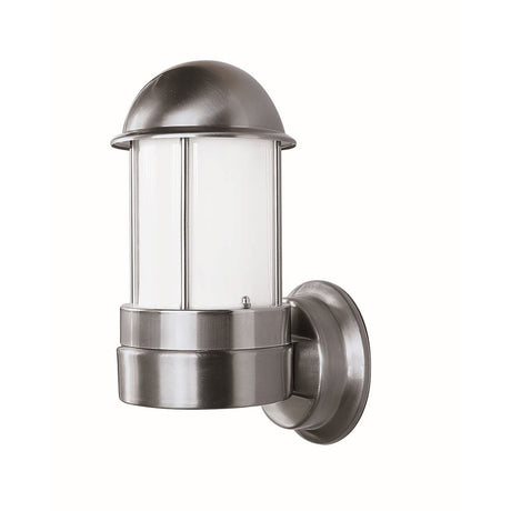 Tambour Steel outdoor wall lantern with domed top and opal polycarbonate diffuser, in stainless steel finish on a cast wall bracket, shown against a plain white background.