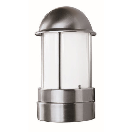 Tambour Steel Outdoor Bollard Light, 30cm, stainless steel cylinder with domed top and opal polycarbonate diffuser panels, on plain white background.