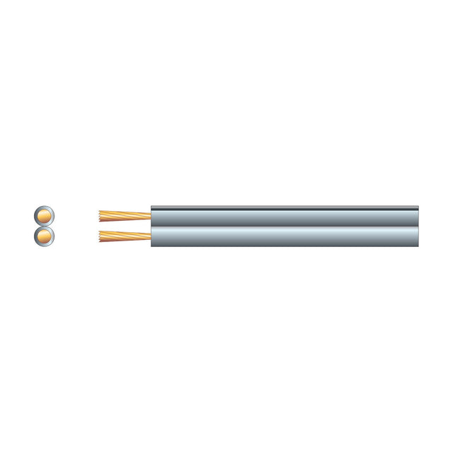 Mercury Fig 8 speaker cable with grey PVC sheath, twin-core figure 8 profile, and exposed copper strands, shown alongside a cross-section view.