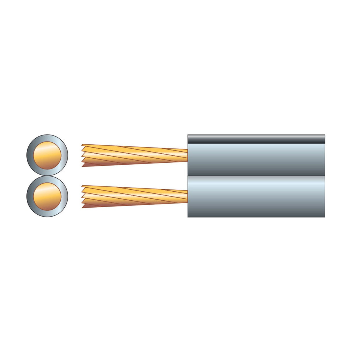 Mercury Fig 8 twin-core speaker cable cross-section showing two copper strand conductors within a grey PVC sheath on a plain white background.