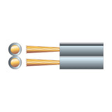 Mercury Fig 8 twin-core speaker cable cross-section showing two copper strand conductors within a grey PVC sheath on a plain white background.