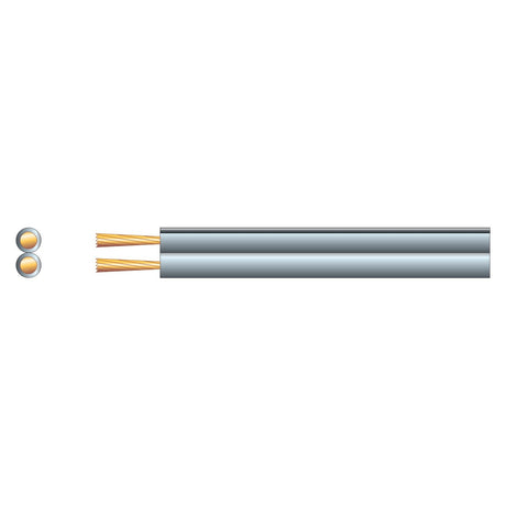 Illustration of a cross-section and side view of the Mercury Fig 8 Speaker Cable, 2 x 7, Grey/Black (100m). The cross-section reveals two circular CCA conductors, while the side view displays copper wires encased within gray outer insulation.