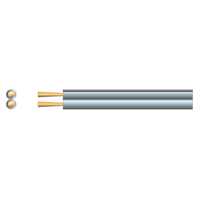 Illustration of a cross-section and side view of the Mercury Fig 8 Speaker Cable, 2 x 7, Grey/Black (100m). The cross-section reveals two circular CCA conductors, while the side view displays copper wires encased within gray outer insulation.