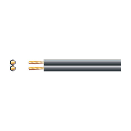 Mercury Fig 8 black speaker cable with two parallel 7-strand copper conductors in a flat PVC sheath, shown alongside a cross-section view.
