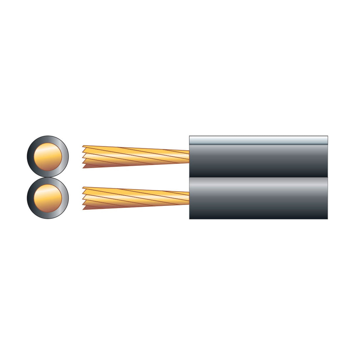 Illustration of Mercury Fig 8 Black Speaker Cable showing two parallel copper 7-strand conductors in a black PVC sheath with cross-section view.