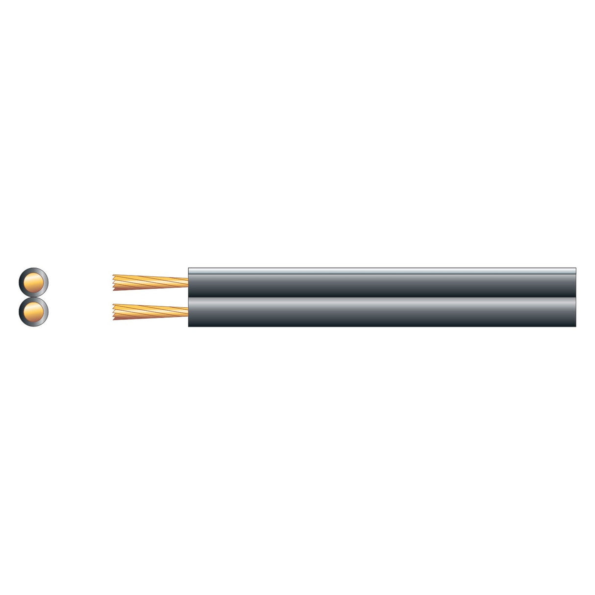 Illustration of a Mercury Fig 8 Speaker Cable, highlighting the copper conductors. The image shows a cross-sectional view with two copper core wires, each encased in insulation, alongside an elongated side view displaying the complete double-insulated cable in black and white. A polarity line indicator enhances contrast against the white background.