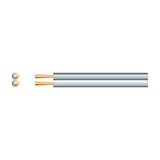 Mercury figure 8 two-core speaker cable diagram with white PVC sheath, exposed copper/CCA conductors and cross-section view on a plain background.