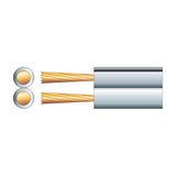 Cross-section and side view of Mercury figure 8 two-core speaker cable showing parallel copper strand conductors inside a white PVC sheath.