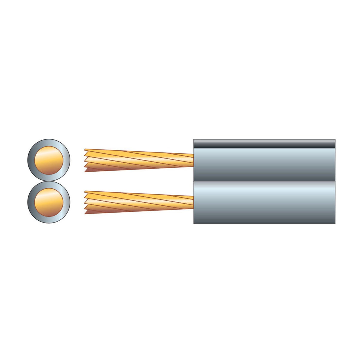 Mercury fig 8 speaker cable cross-section and side view showing two copper stranded conductors in a grey PVC figure-8 sheath on a white background.