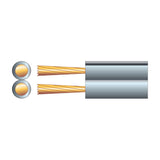 Mercury fig 8 speaker cable cross-section and side view showing two copper stranded conductors in a grey PVC figure-8 sheath on a white background.