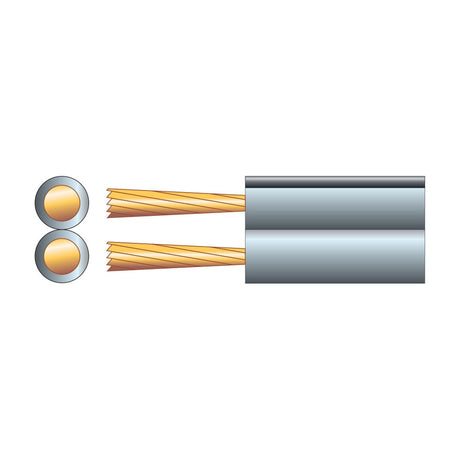 Mercury fig 8 speaker cable cross-section and side view showing two copper stranded conductors in a grey PVC figure-8 sheath on a white background.