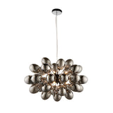Endon Brenworth 8 light pendant in black chrome with clustered electro-plated dark chrome glass shades, suspended from clear flex on a white background.