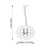 Dimensioned line drawing of the Endon Brenworth 8 light cluster pendant, showing 52–129cm adjustable height and 50 x 72cm shade spread.