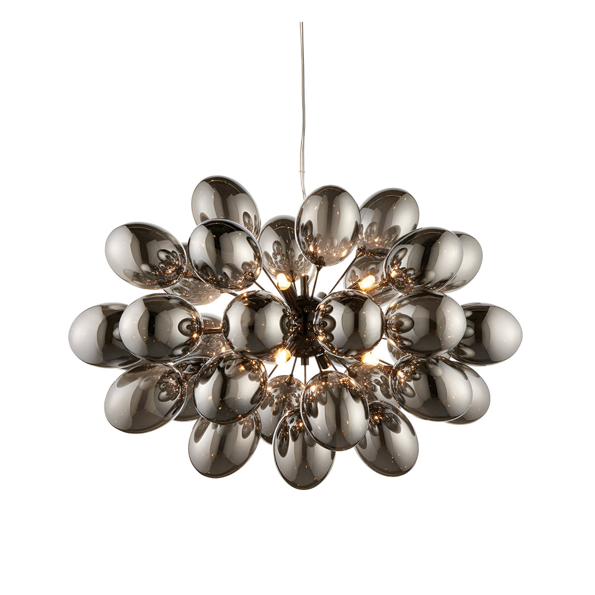 Endon Brenworth 8 light pendant in black chrome with clustered dark chrome glass globe shades on clear flex against a white background.
