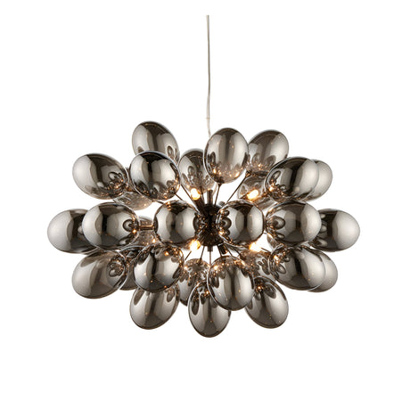 Endon Brenworth 8 light pendant in black chrome with clustered dark chrome glass globe shades on clear flex against a white background.