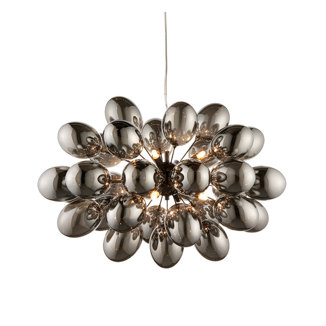 Endon Brenworth 8 light pendant in black chrome with clustered dark chrome glass globe shades on clear flex against a white background.