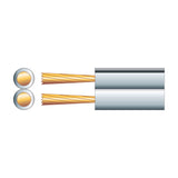 Mercury Figure 8 twin-core speaker cable cross-section showing two parallel copper and CCA stranded conductors within a white PVC sheath.