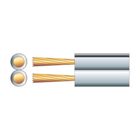 Mercury Figure 8 twin-core speaker cable cross-section showing two parallel copper and CCA stranded conductors within a white PVC sheath.